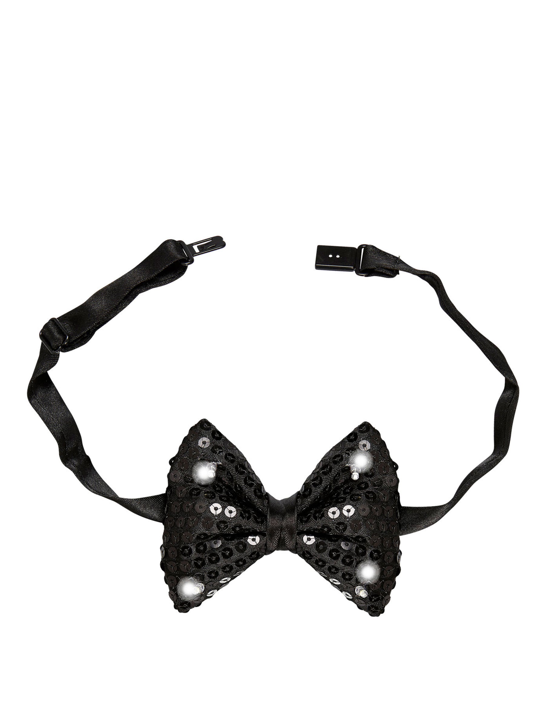 Détail du système d'attache du noeud papillon à sequins et LED clignotantes pour adulte noir