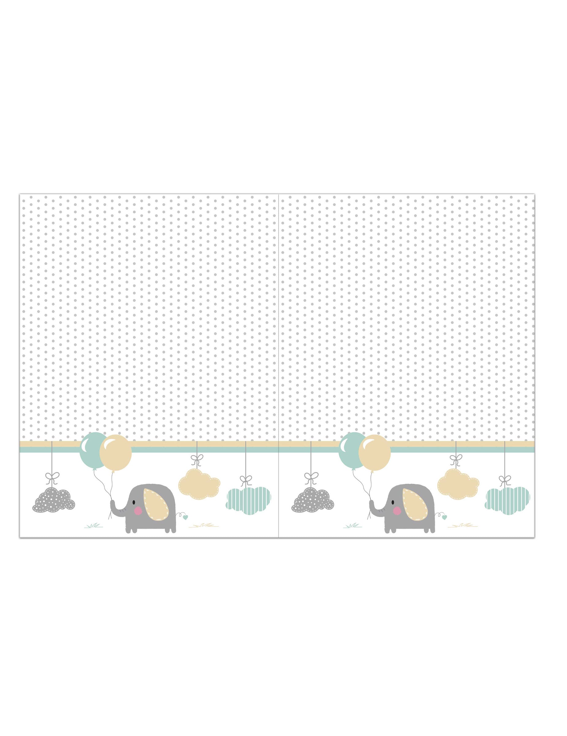 Nappe en plastique bébé éléphant pour baby shower blanche à pois gris avec motifs pastel