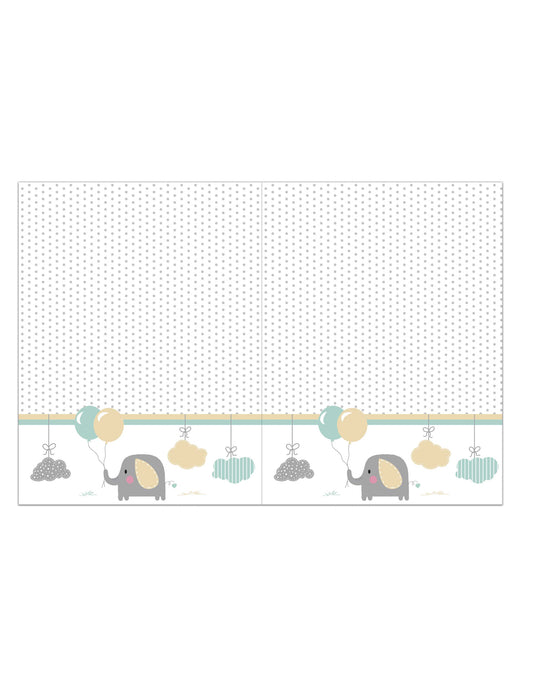 Nappe en plastique bébé éléphant pour baby shower blanche à pois gris avec motifs pastel