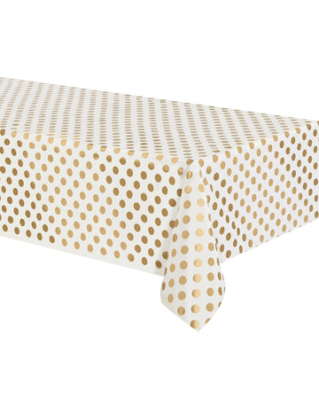 Бяла пластмасова покривка за маса със златни точки, 137 x 274 см cm за партита и рождени дни