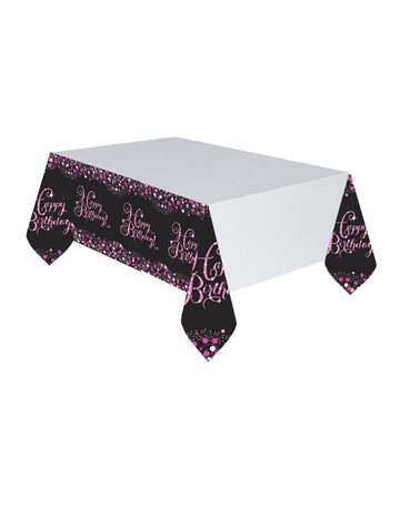 Искрящо розова пластмасова покривка за маса за празненства 120 x 180 cm Честит рожден ден!
