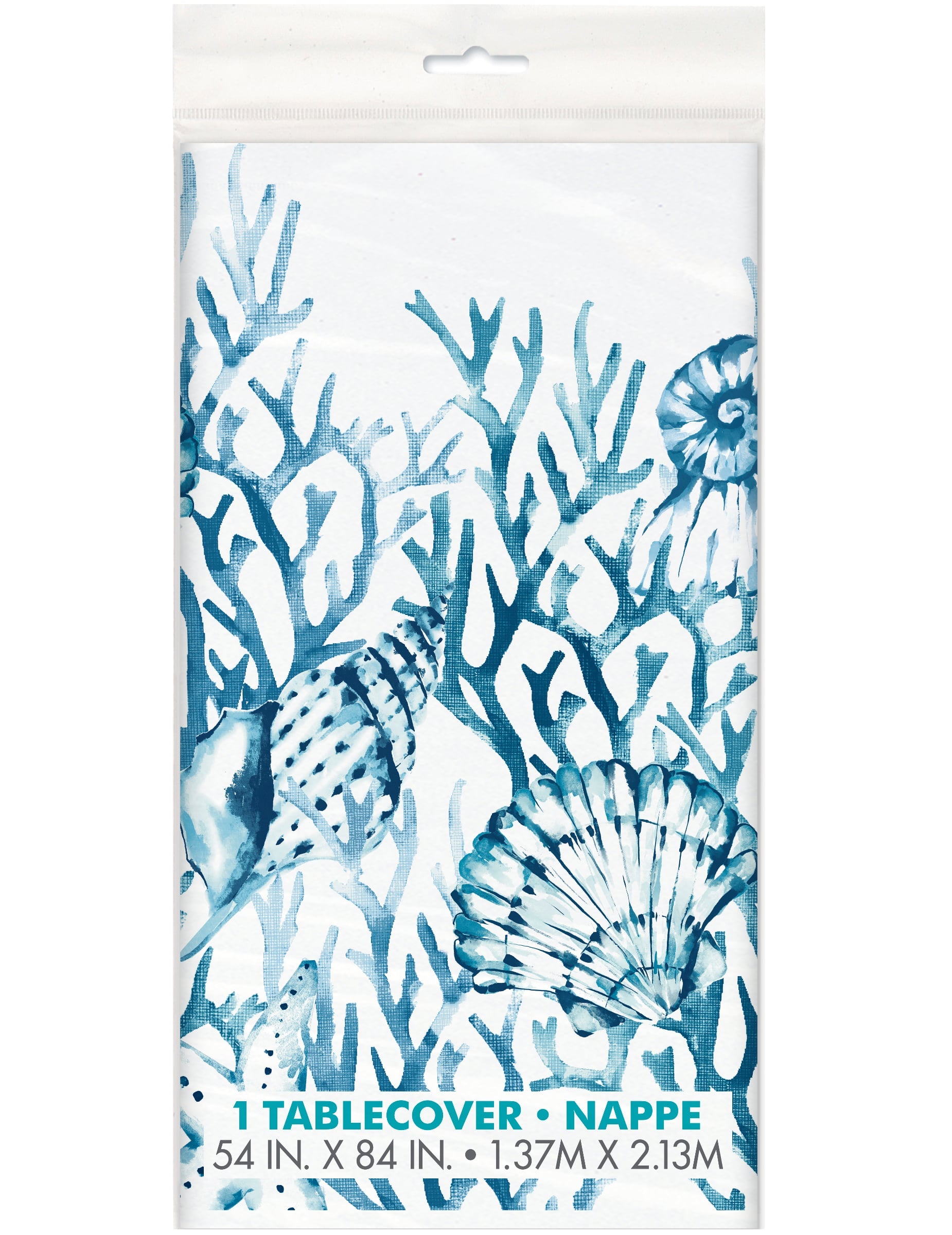 Nappe en plastique corail motif coquillages pour fête bleue et blanche