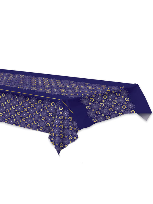 Nappe en plastique Aïd Mubarak bleue à rosaces dorées