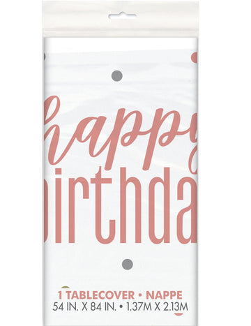Бяла и розова пластмасова покривка за маса "Честит рожден ден", 137 x 213 см cm точки