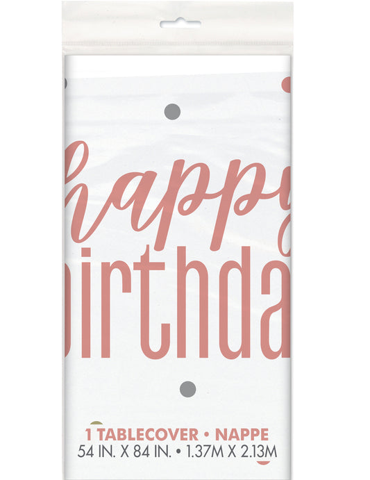 Nappe en plastique Happy Birthday pour anniversaire blanche et rose à pois