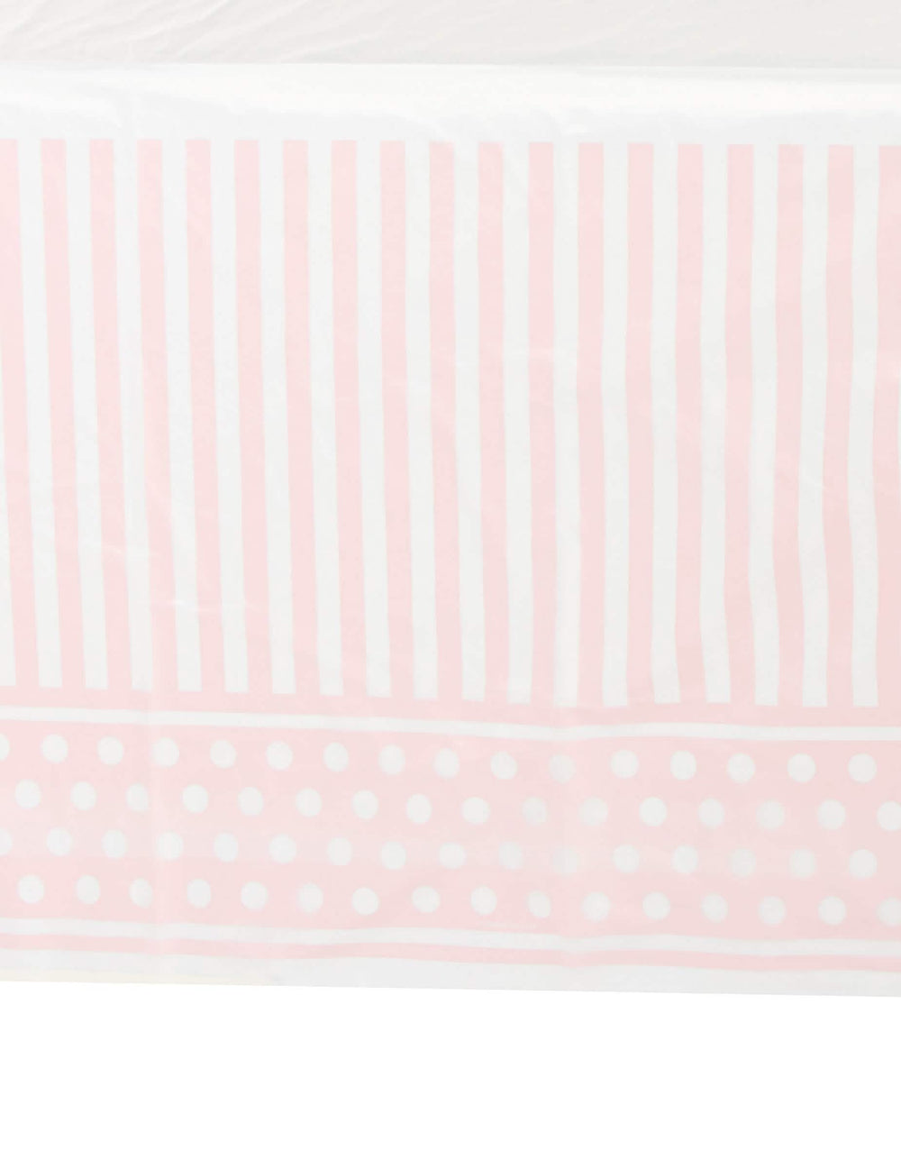Détail des motifs de la nappe en plastique rayé et à pois pour fête rose et blanc