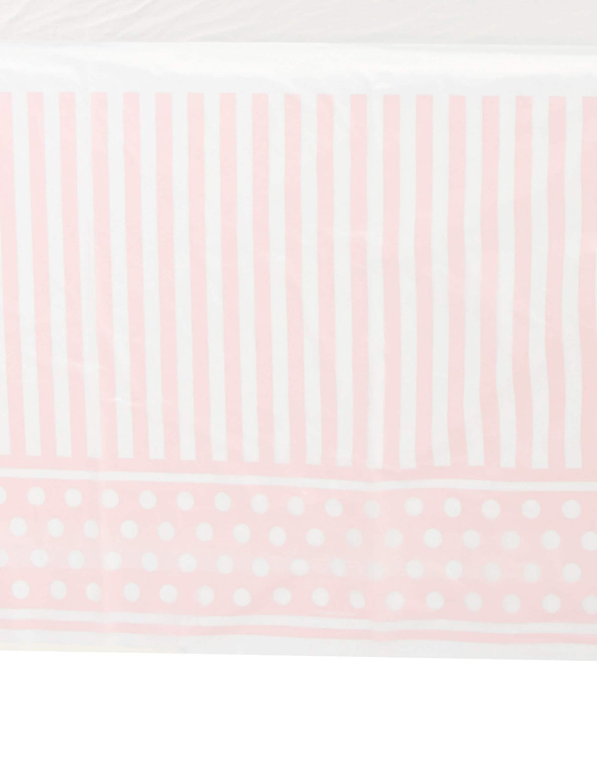 Détail des motifs de la nappe en plastique rayé et à pois pour fête rose et blanc