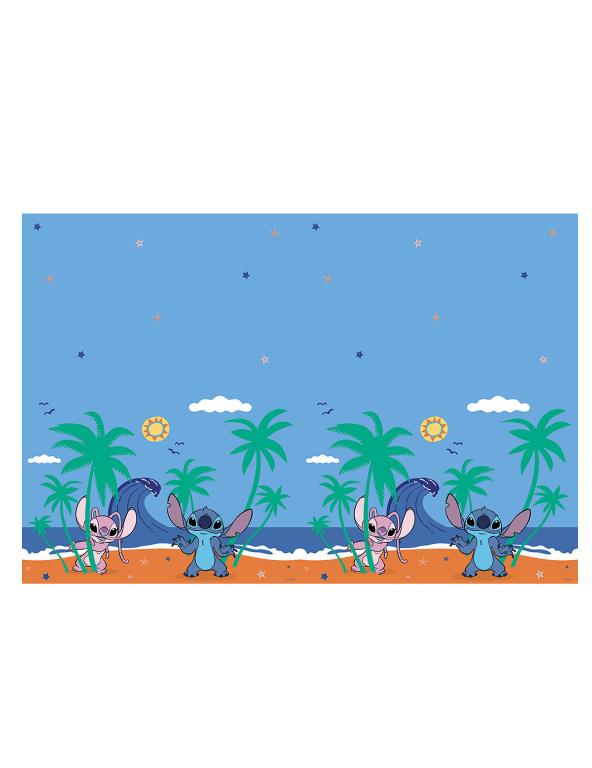 Nappe en plastique Stitch pour anniversaire bleue avec décor de plage et palmier