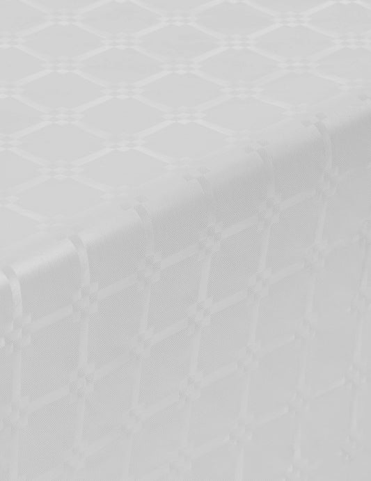 Détail du motif damassé de la nappe en rouleau papier damassé blanche