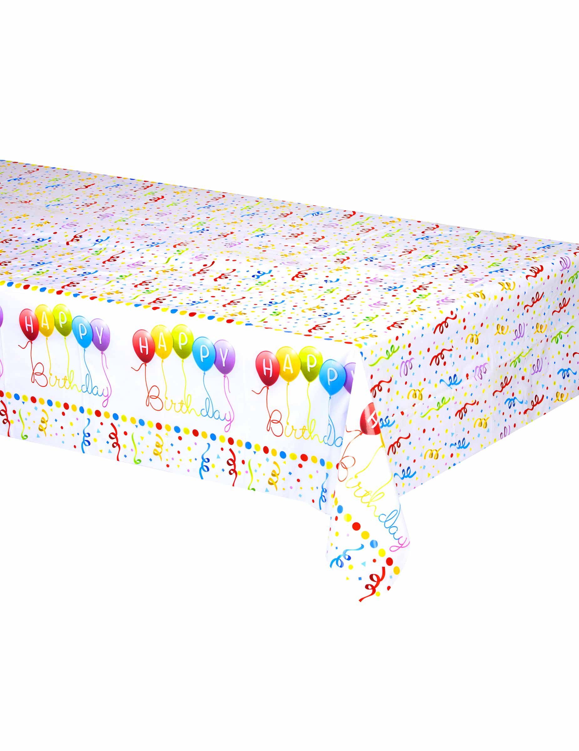Nappe plastique Happy Birthday pour anniversaire blanche à motifs confettis et ballons multicolores