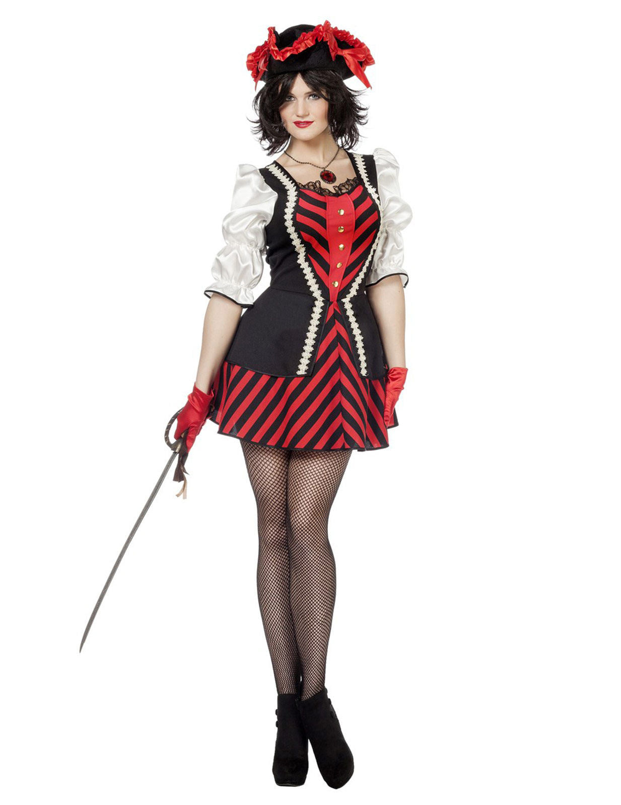 Déguisement robe pirate pour femme rouge et noir avec chapeau