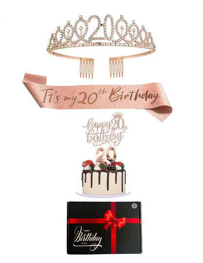 Pack d'accessoires anniversaire 20 ans pour femme rose gold avec diadème et écharpe
