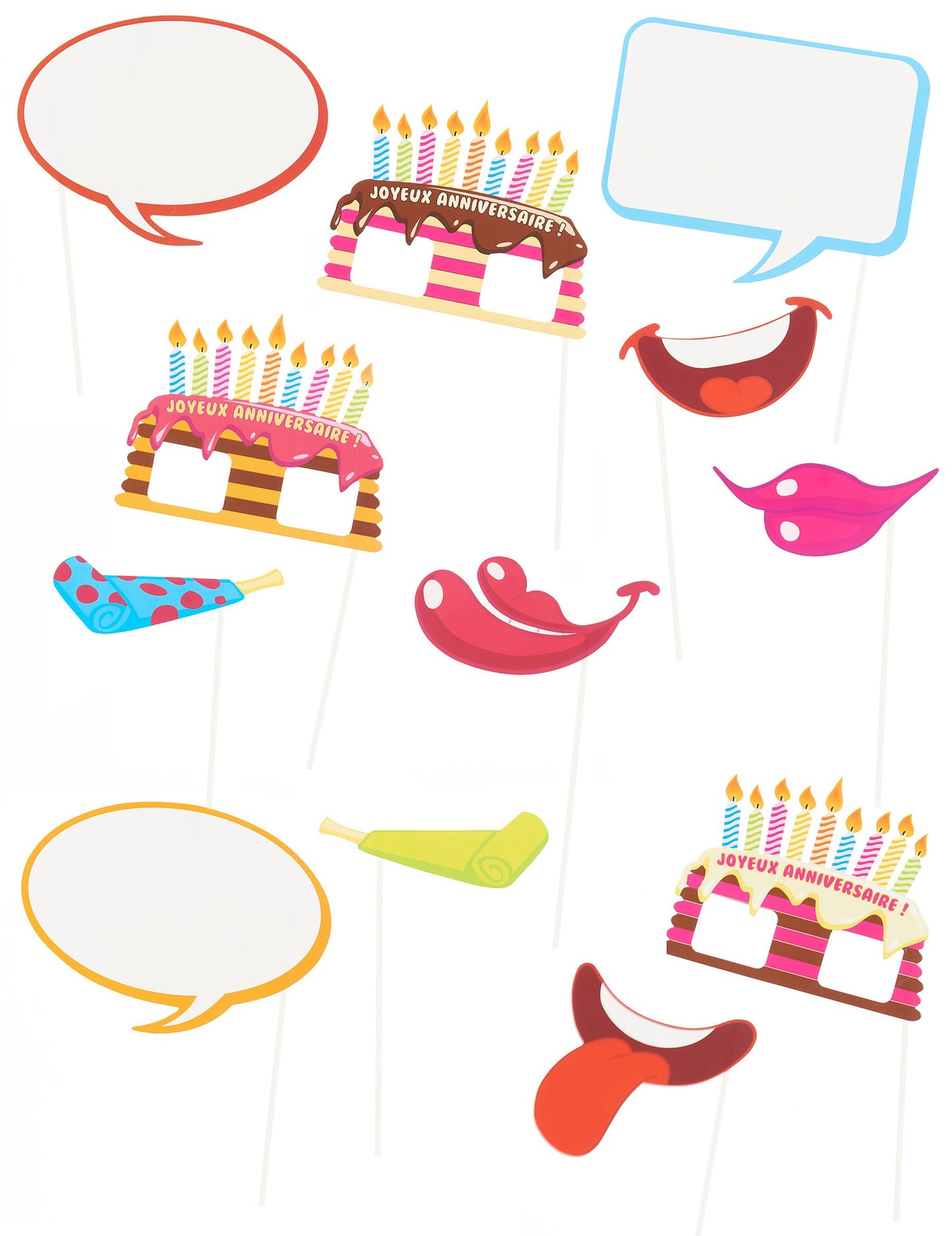 Pack photobooth anniversaire pour enfant et adulte multicolore avec bulles et gâteaux