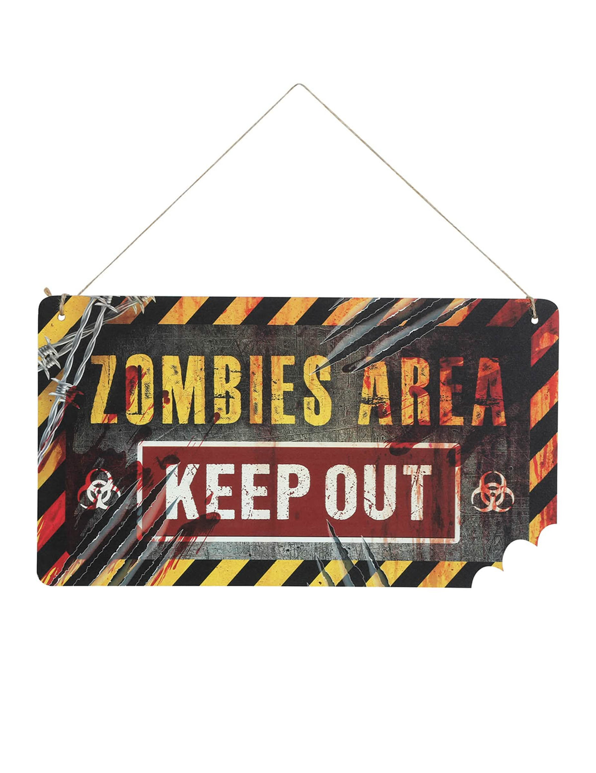 Vue de face de la pancarte en bois Zombie area Keep out
