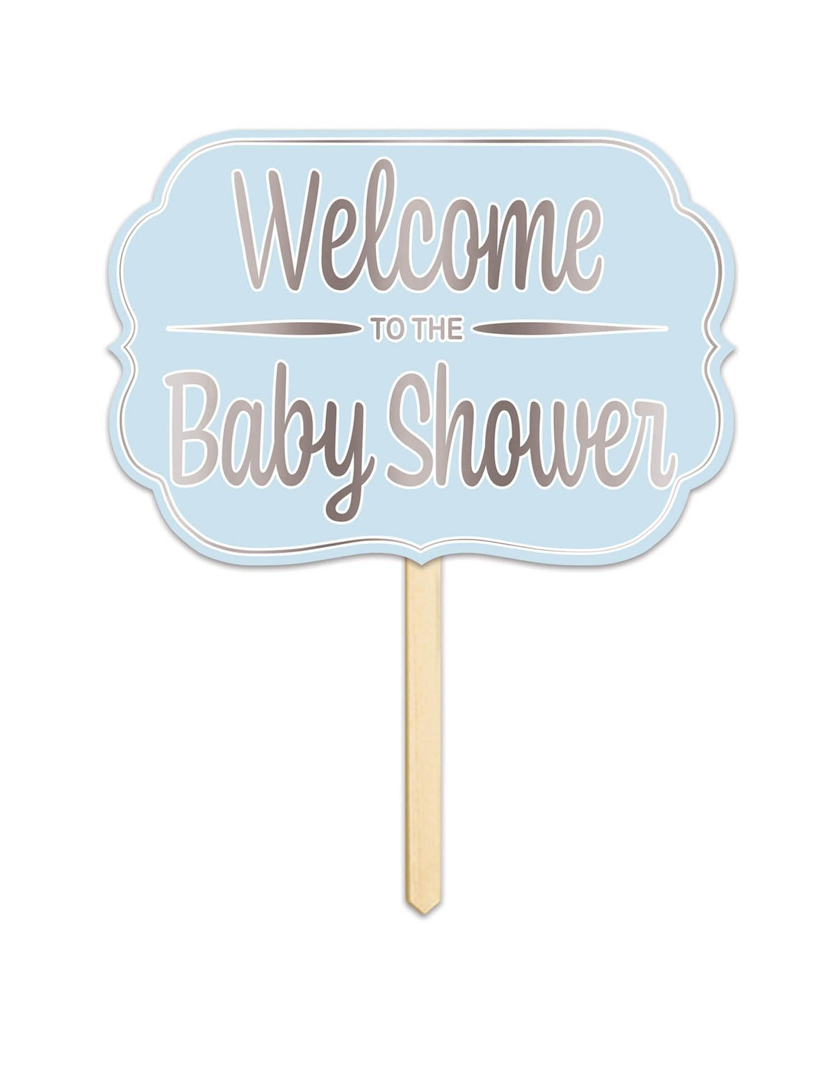 Картонен табел Welcome to the baby shower син с дървена пръчка