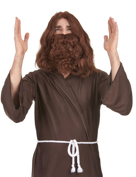 Perruque avec barbe Jésus pour homme marron long et frisé