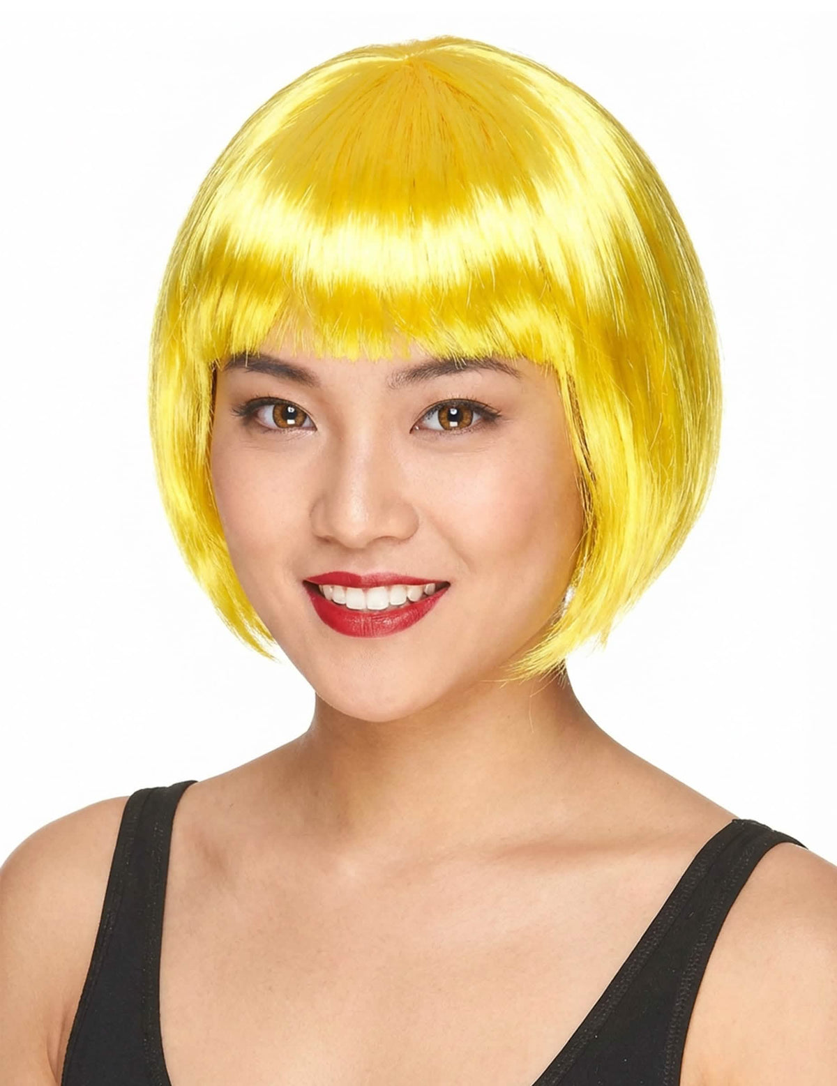 Челен изглед на къса жълта дамска перука с боб прическа