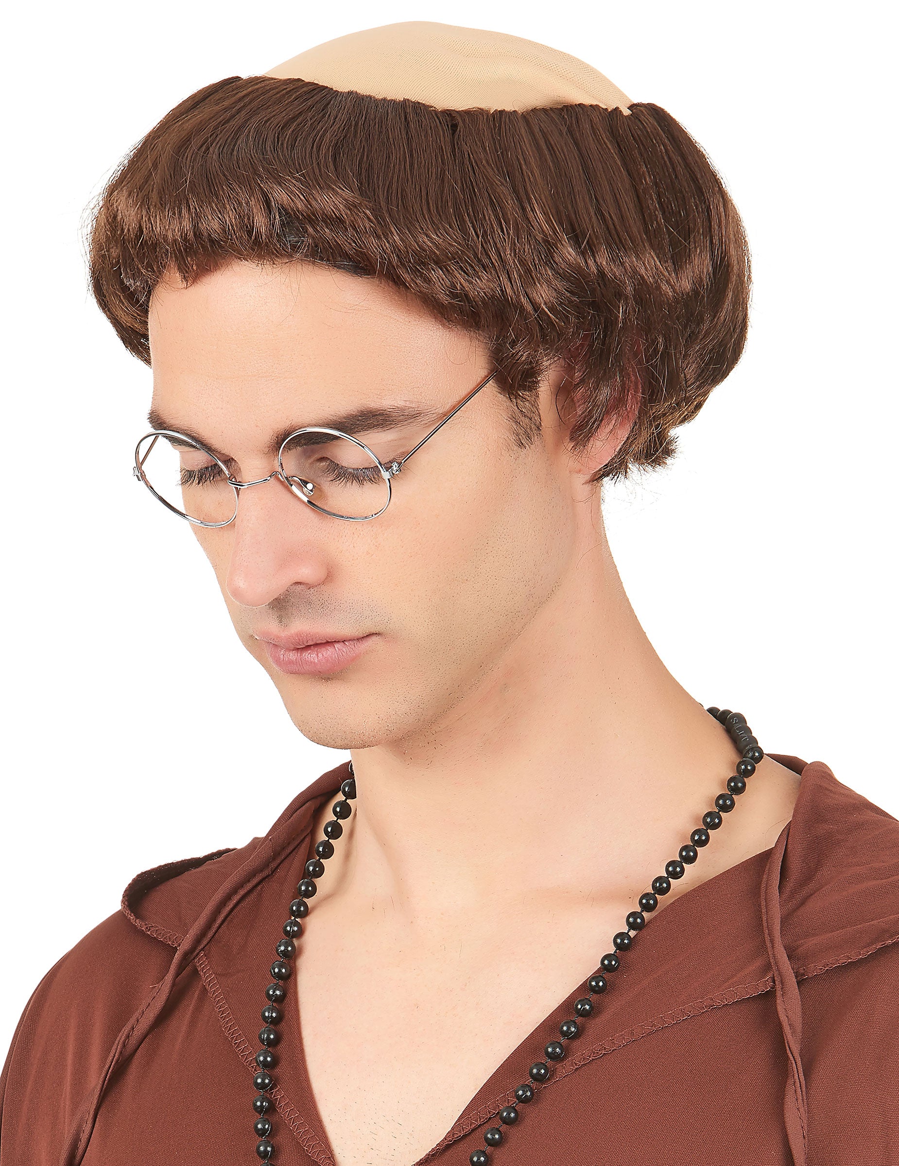 Perruque de moine pour homme brun avec tonsure couleur chair
