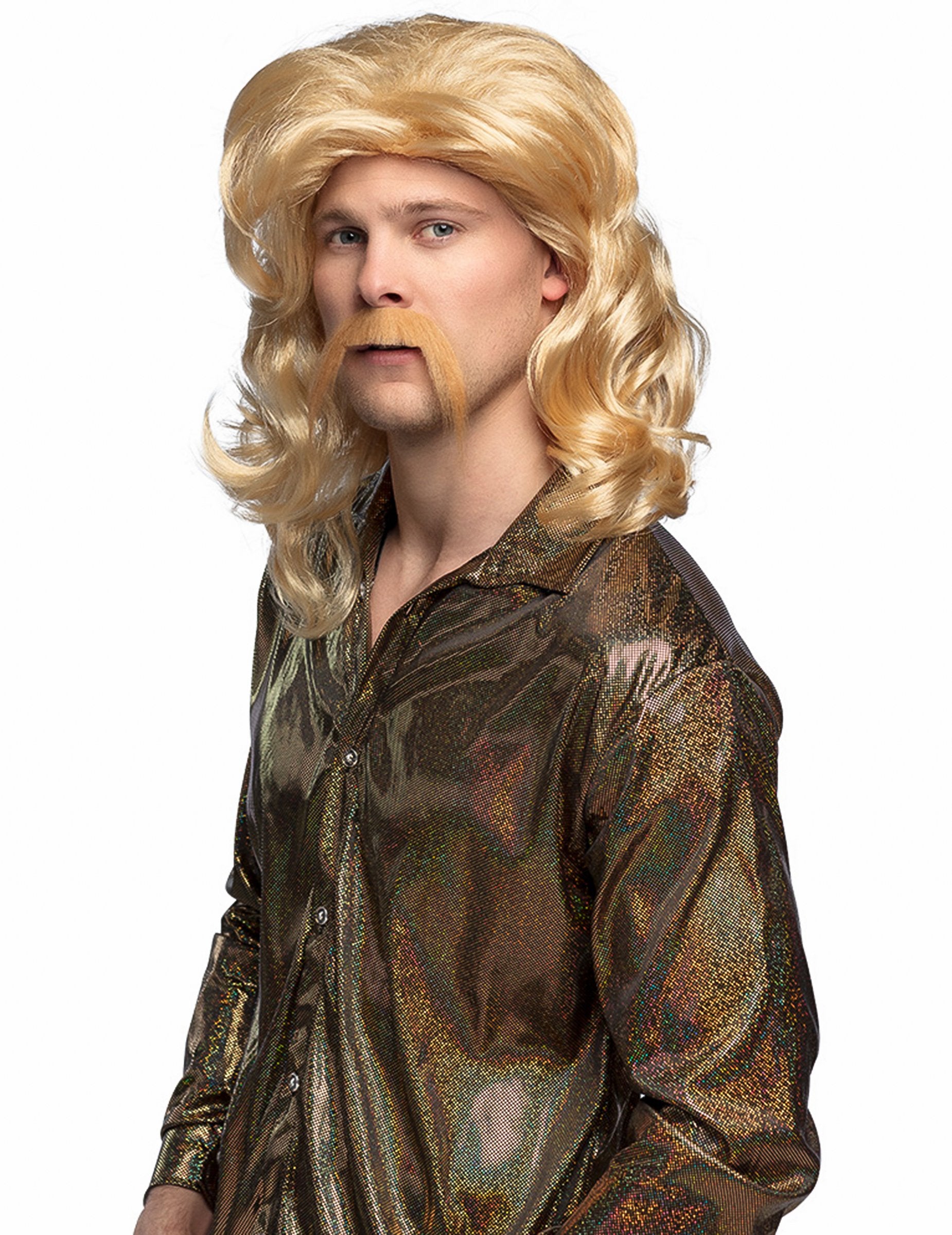 Перука и мустаци в блондински цвят за мъже с обемна прическа стил мулет