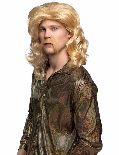 Перука и мустаци в блондински цвят за мъже с обемна прическа стил мулет