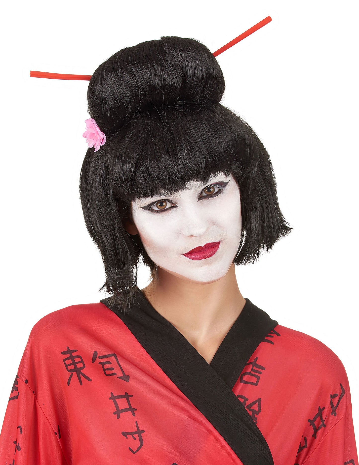 Perruque de Geisha pour femme noire avec chignon et baguettes rouges