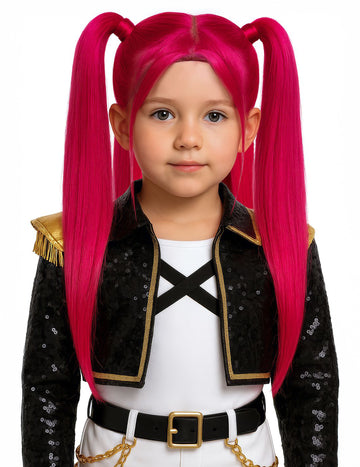Детска розова перука с опашки в стил Kpop 