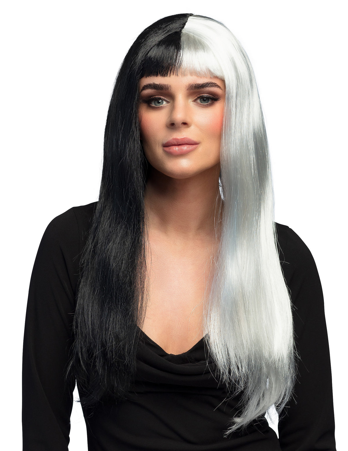Perruque lisse noire et blanche pour femme bicolore longue avec frange