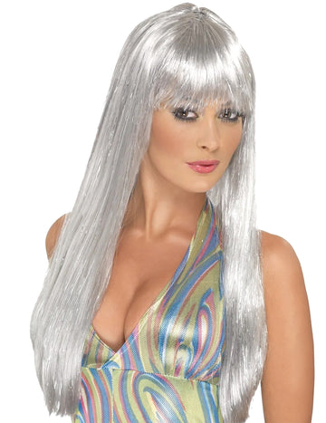 Блестяща дълга сребриста перука за жени с бретон