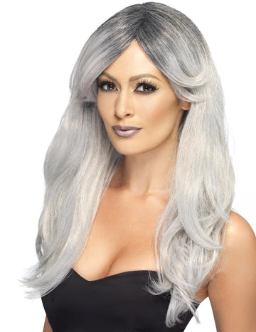 Дълга перука със сиво влошени бретон жена