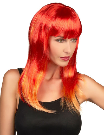 Perruque longue cheveux rouges pour femme avec mèches jaunes et orangées