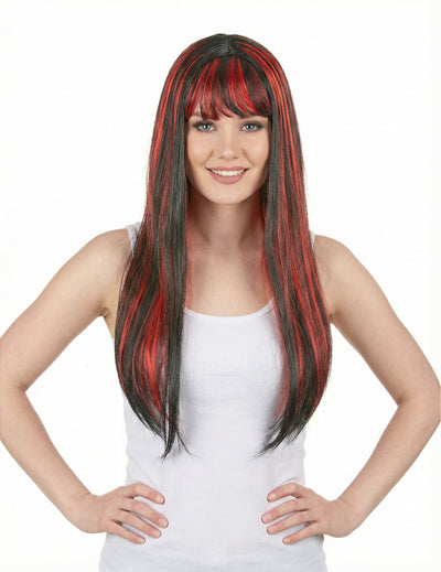 Perruque longue noire avec frange pour femme balayage rouge
