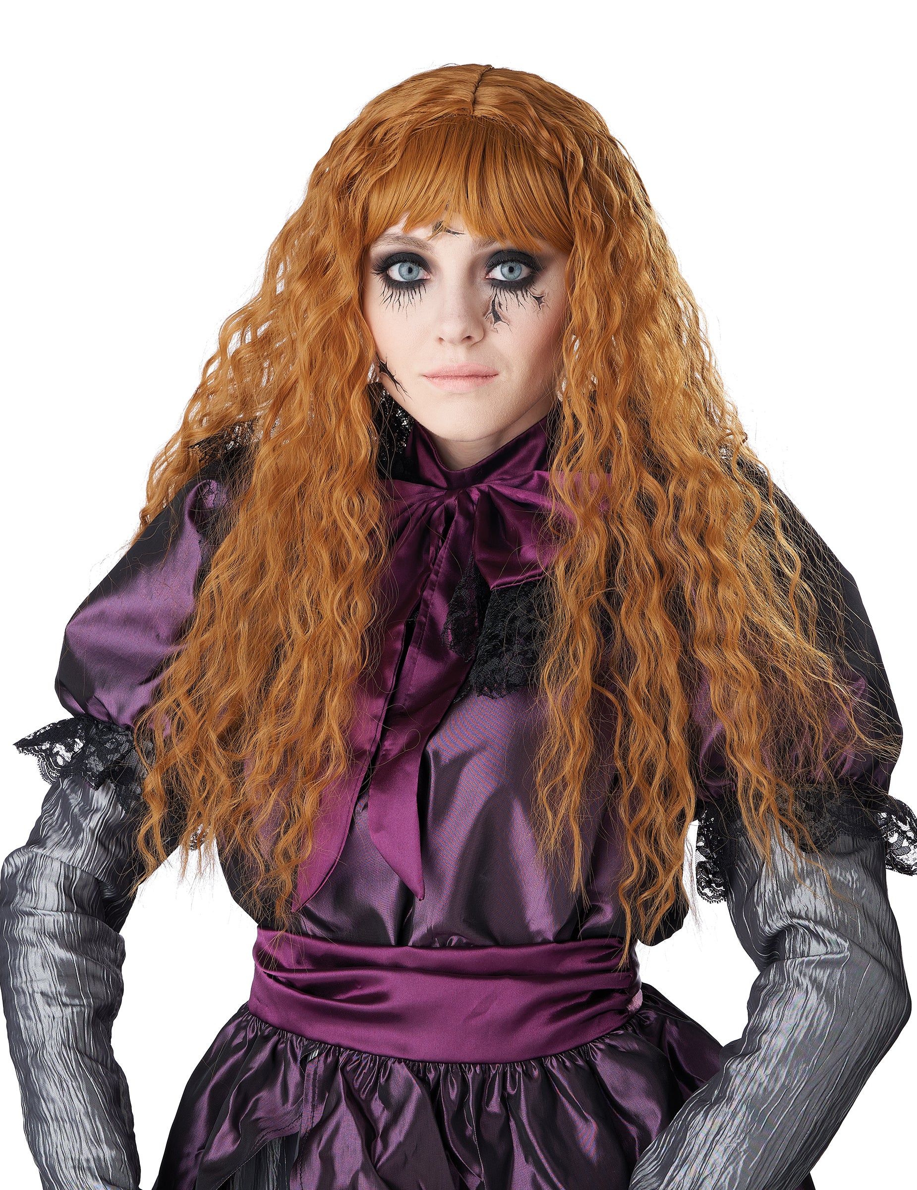 Vue de face de la perruque longue ondulée pour enfant rousse
