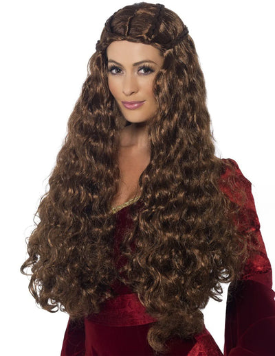 Perruque longue princesse médiévale pour femme marron bouclée avec tresses