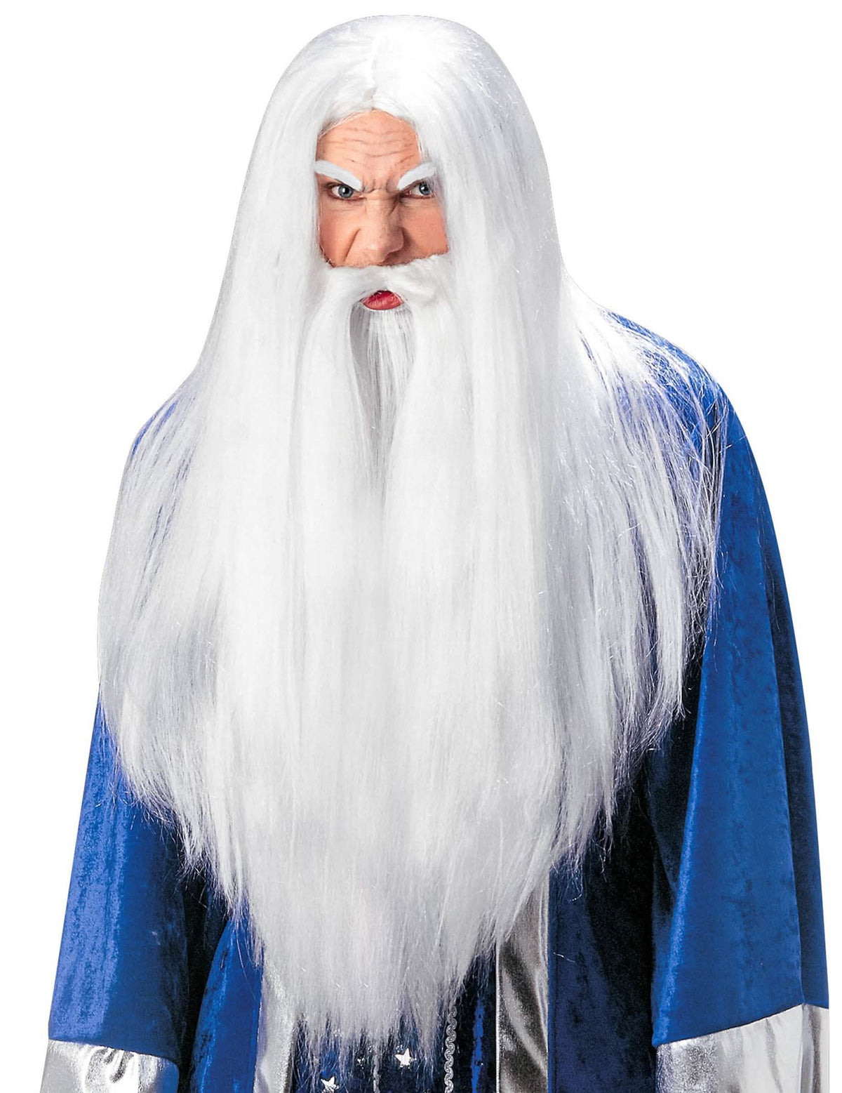 Perruque avec barbe de magicien pour adulte blanche longue
