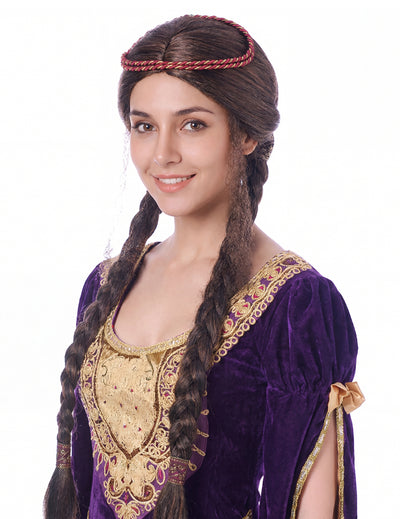 Perruque médiévale pour femme châtain avec deux tresses et bandeau rouge