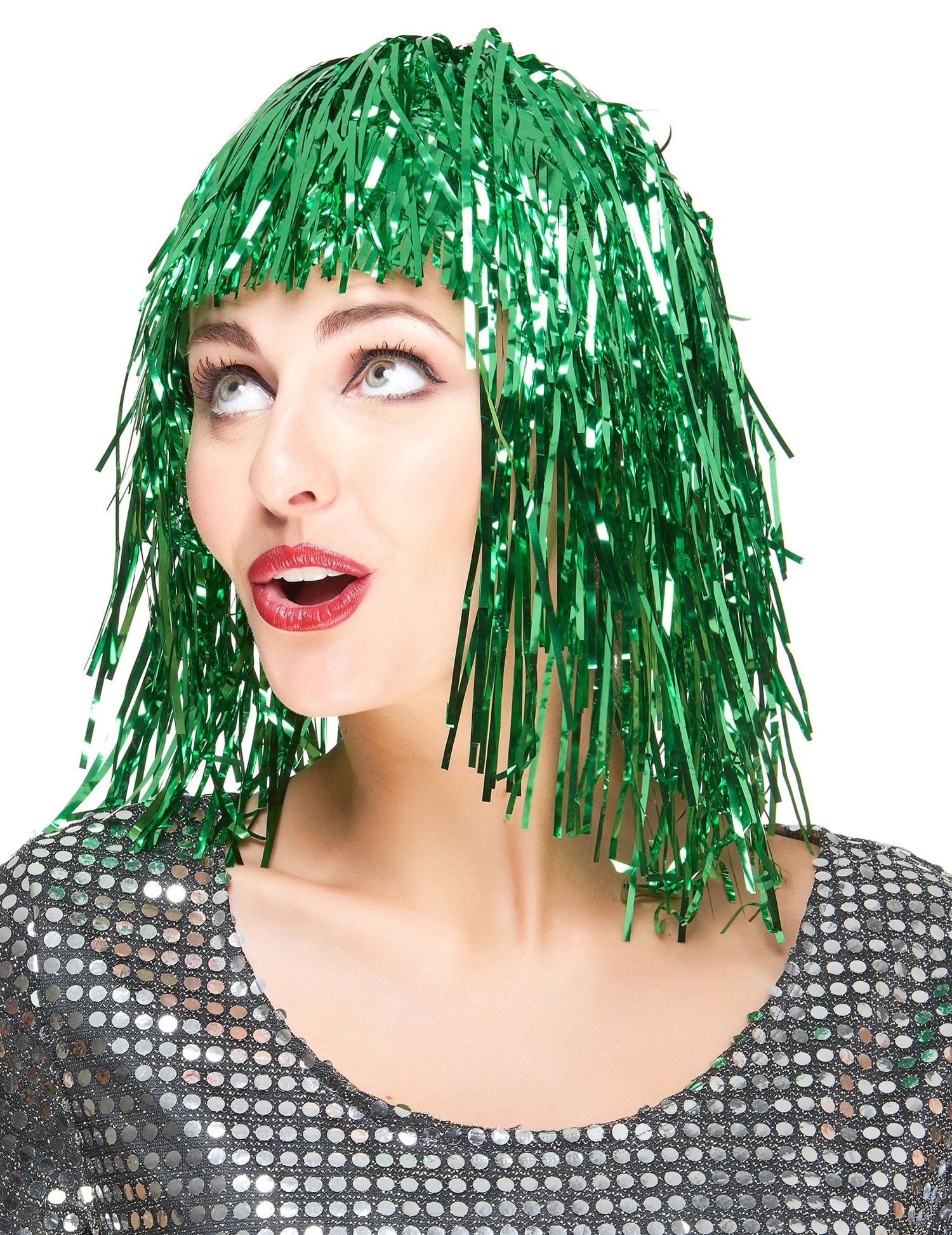 Perruque métallique pour femme verte