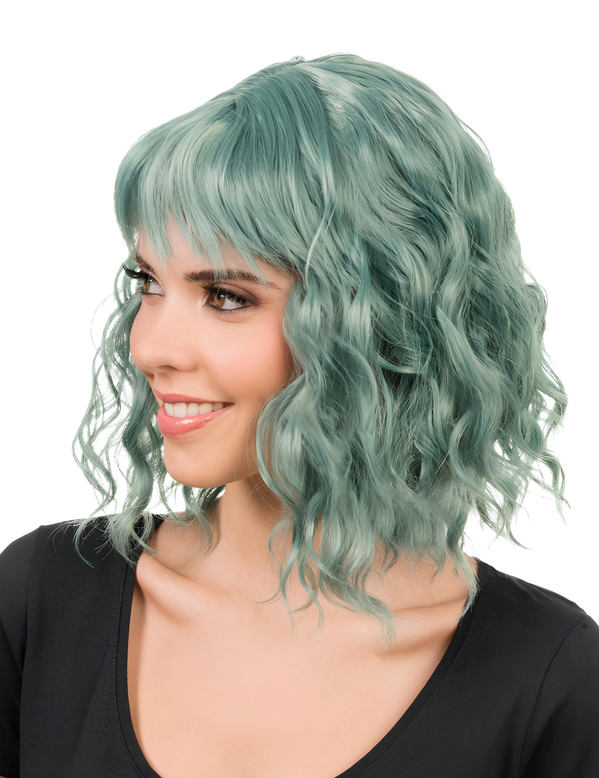 Vue de profil de la perruque ondulée pour femme verte