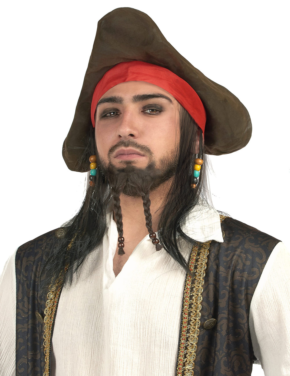 Perruque chapeau de pirate pour homme marron avec bandana rouge et cheveux noirs