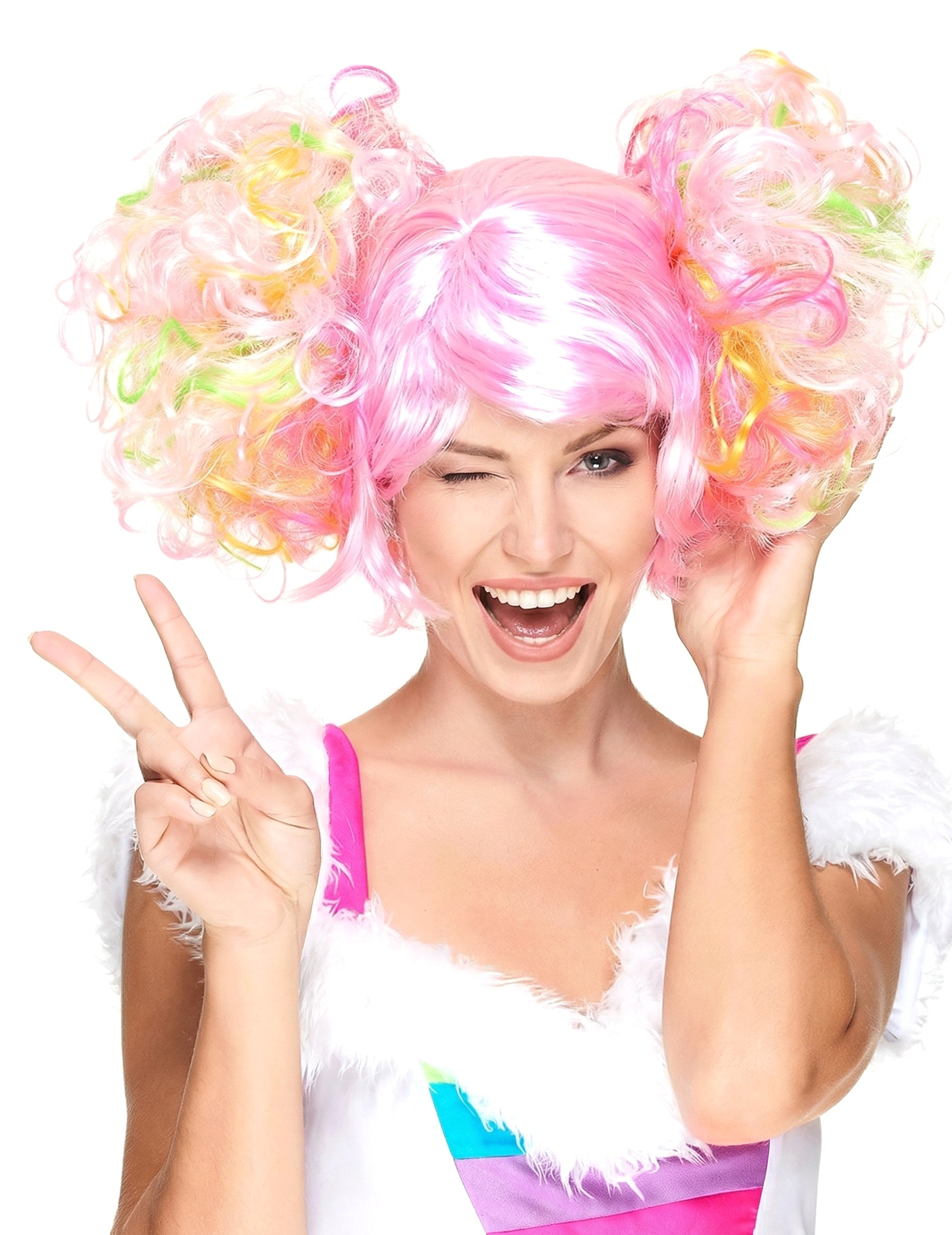 Perruque à couettes bouclées pour femme rose clair et multicolore