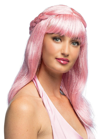 Възрастен бледо розово сплетена перука