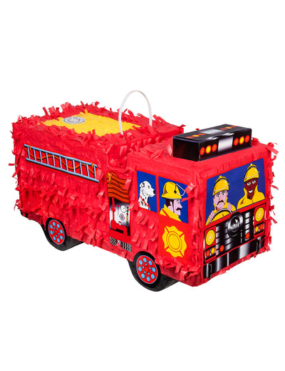 Piñata camion de pompier rouge avec échelles et dessins de pompiers