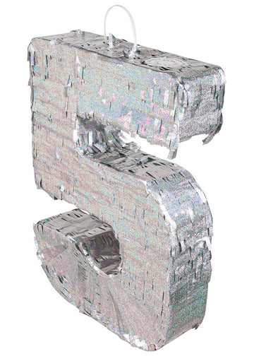 Сребърна холографска пинята, номер 5, 40 x 28 x 8 cm за рожден ден