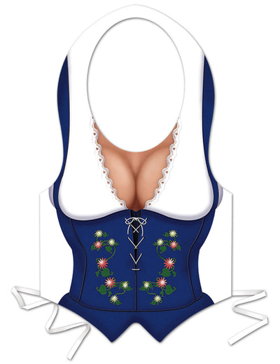 Tablier plastique bavaroise Fête de la bière pour femme bleu avec fleurs et bustier imprimé
