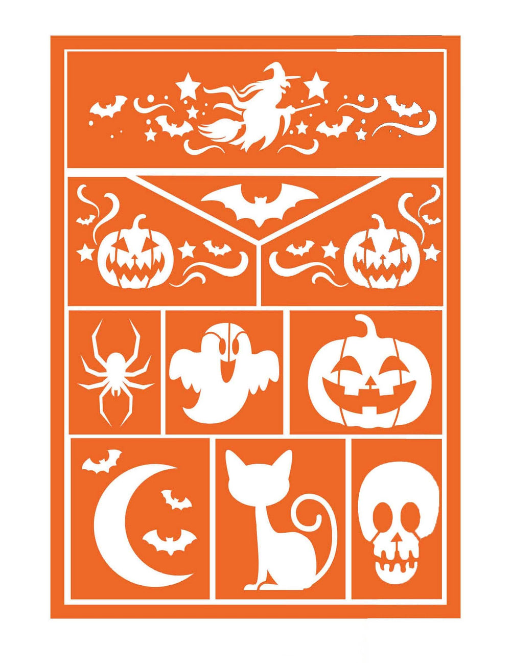 Détail des différents motifs des pochoirs de maquillage Happy Halloween