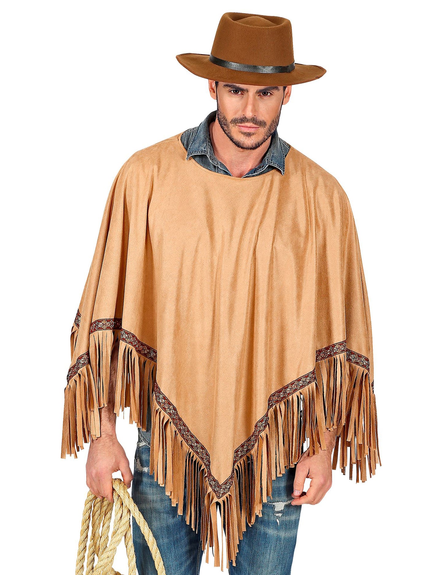 Vue de face avec chapeau et corde du poncho luxe indien pour adulte