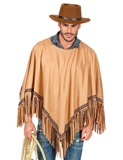 Vue de face avec chapeau et corde du poncho luxe indien pour adulte