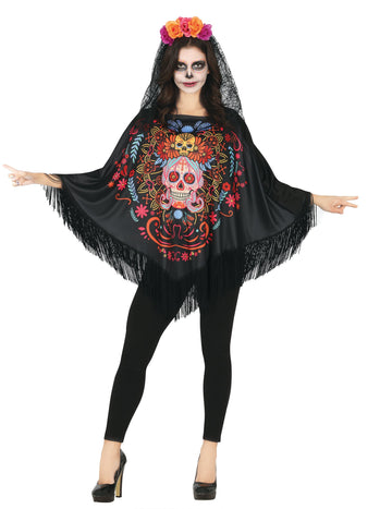 Пончо оцветен скелет Dia de los Muertos възрастен