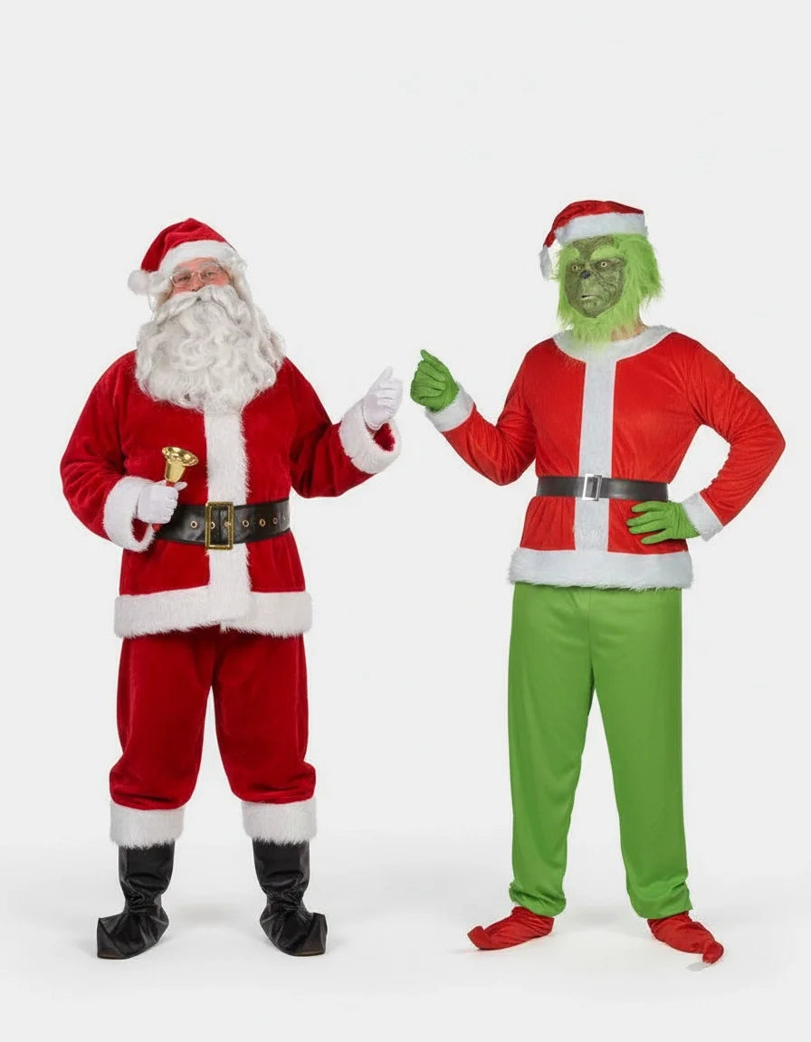 Комплект луксозен костюм за възрастни със зелено чудовище и Дядо Коледа