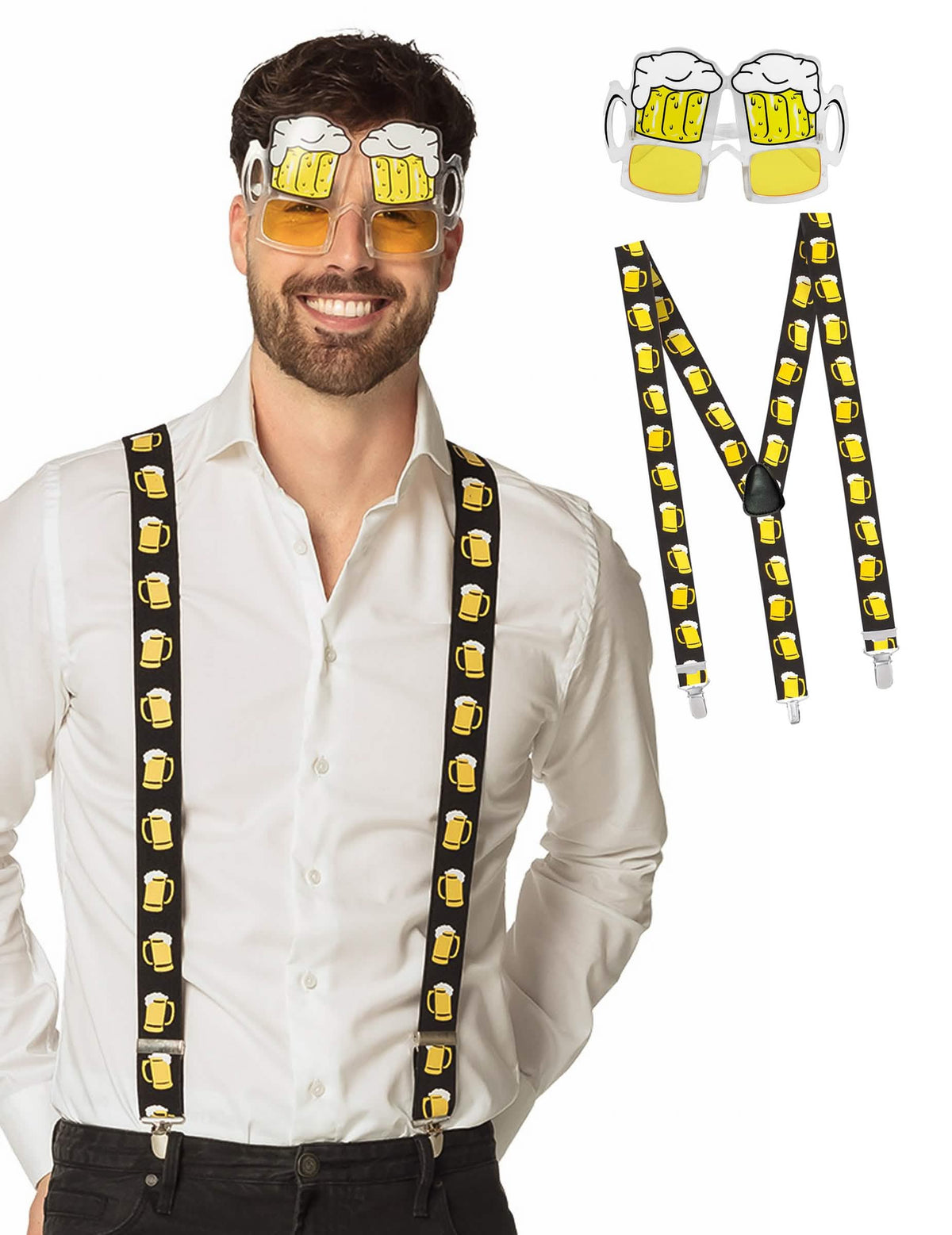 Kit bretelles et lunettes bière pour adulte jaune et noir à motifs de chopes