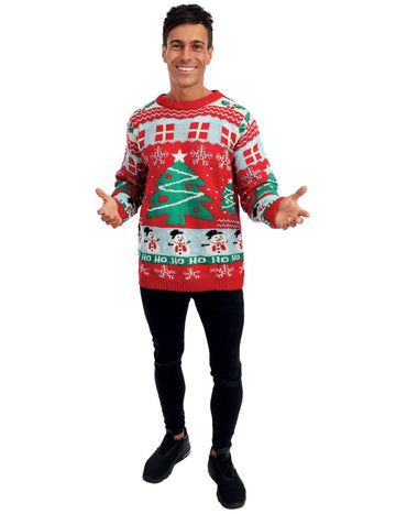 Червен пуловер за възрастни с коледни елхи